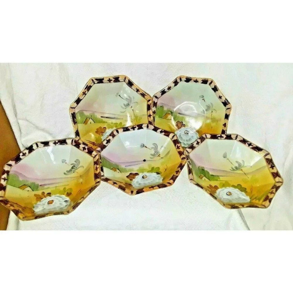 Antique Nippon Tohina TE-OH Small Berry Bowls Octagon Floral Landscape Set of 5 - Picture 4 of 5